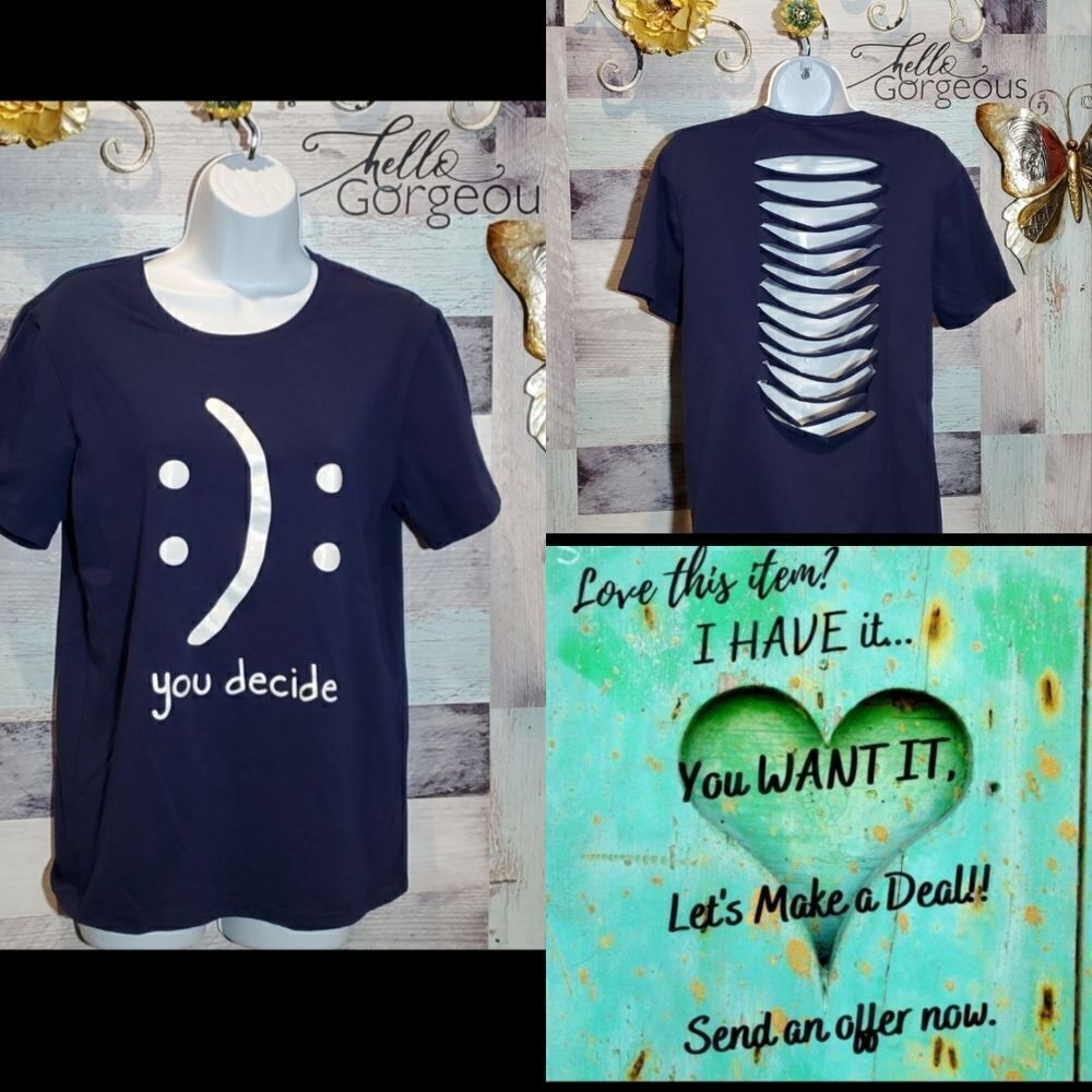"You Decide" Happy or Sad Shredded Back Navy Baby Tee Tshirt UPcycled Sz L